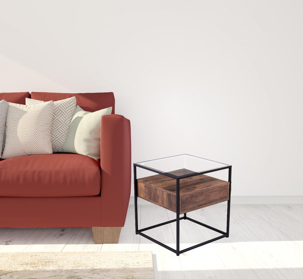 Homeroots 22" Black Glass And Iron Square End Table With Drawer With Shelf   402507