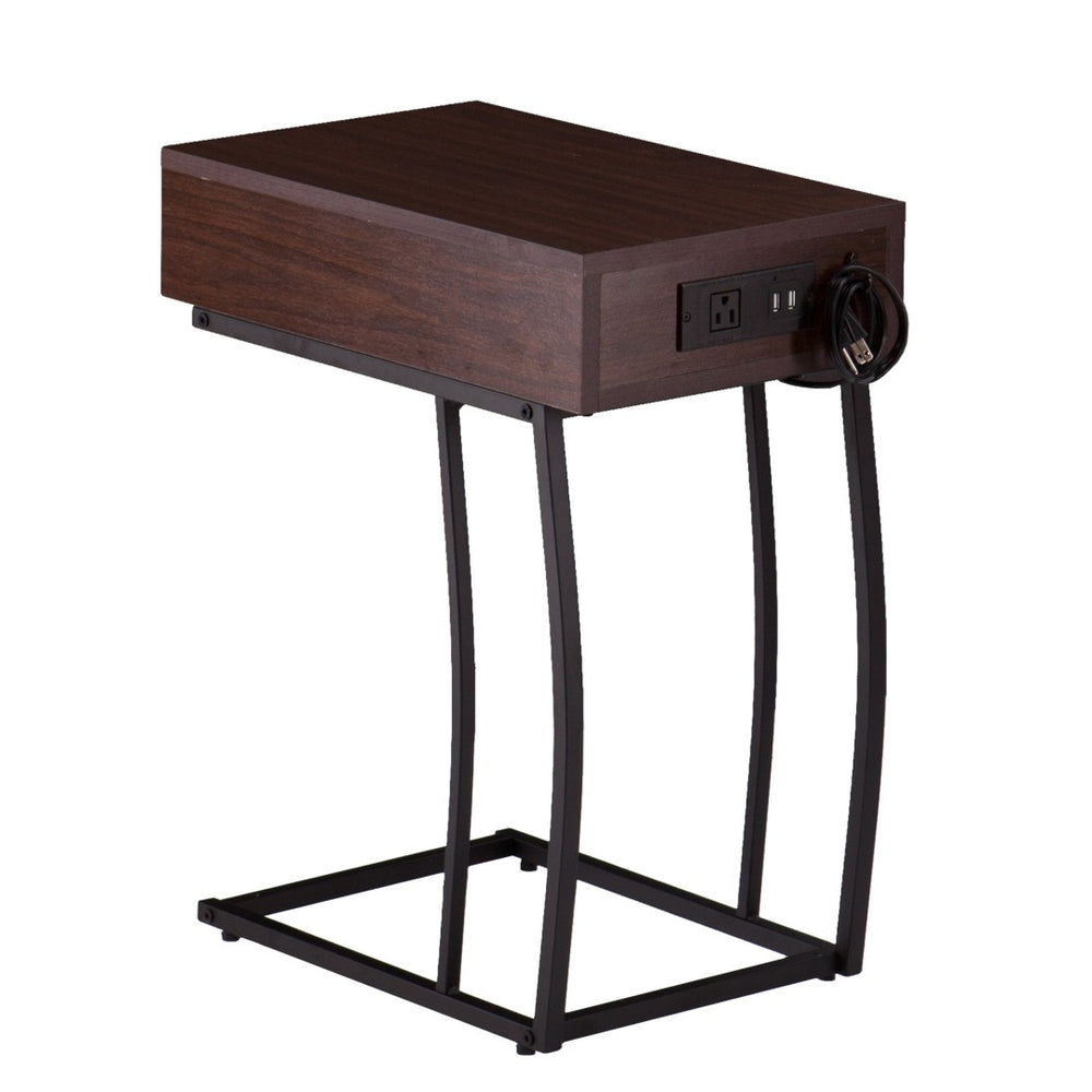 HomeRoots 23" Brown End Table with Drawer, USB & Power Outlet - Versatile Modern Design for Living Spaces 402508