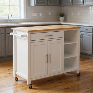 HomeRoots 42" Natural and White Butcher Block Kitchen Cart - Rolling Storage, Stylish Prep Space, and Mobility 402544