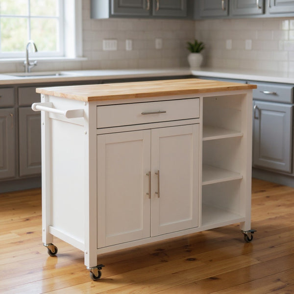 HomeRoots 42" Natural and White Butcher Block Kitchen Cart - Rolling Storage, Stylish Prep Space, and Mobility 402544