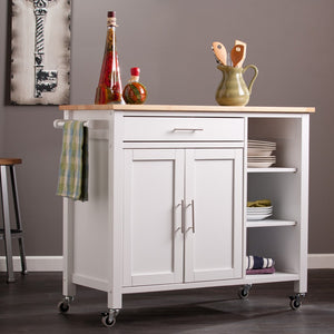 Homeroots White And Natural 42" Rolling Kitchen Cart With Storage  Lacquered Rubberwood 402544
