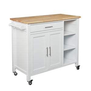 Homeroots White And Natural 42" Rolling Kitchen Cart With Storage  Lacquered Rubberwood 402544