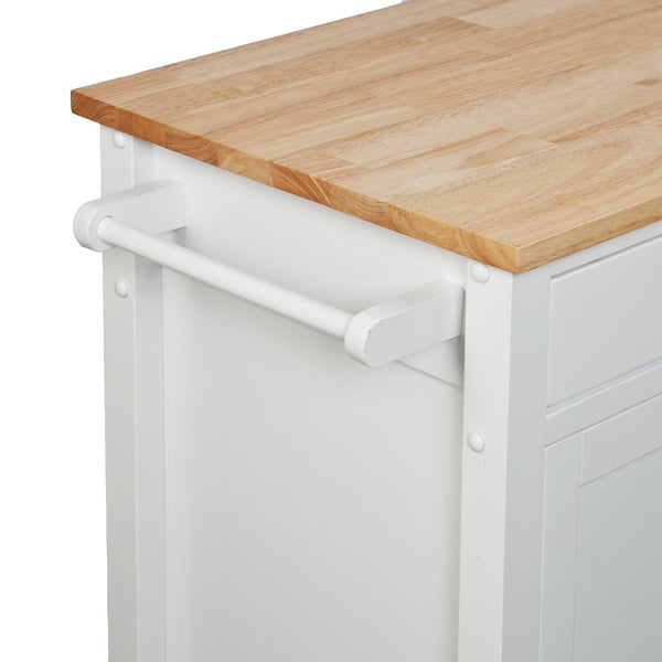 Homeroots White And Natural 42" Rolling Kitchen Cart With Storage  Lacquered Rubberwood 402544