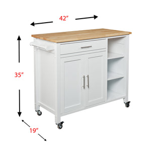Homeroots White And Natural 42" Rolling Kitchen Cart With Storage  Lacquered Rubberwood 402544