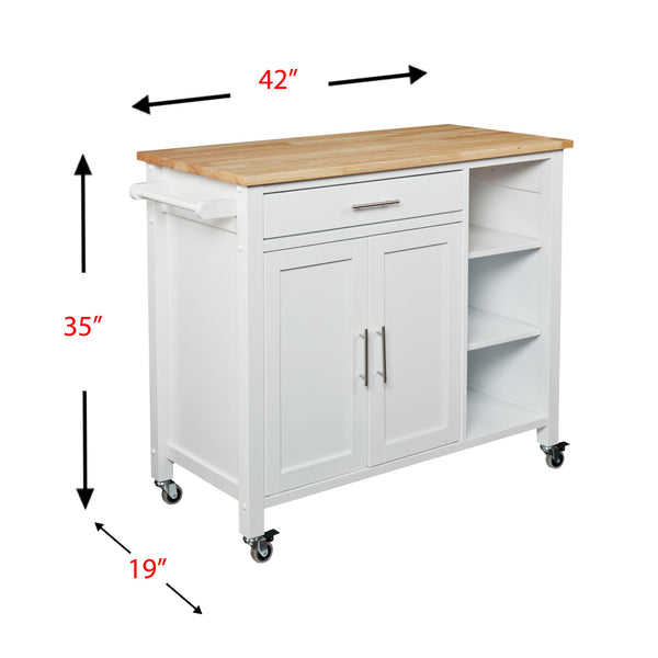 Homeroots White And Natural 42" Rolling Kitchen Cart With Storage  Lacquered Rubberwood 402544