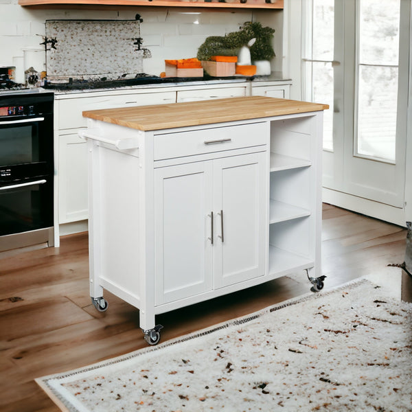 Homeroots White And Natural 42" Rolling Kitchen Cart With Storage  Lacquered Rubberwood 402544