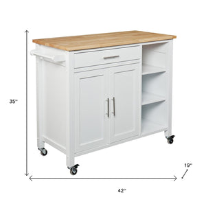 HomeRoots 42" Natural and White Butcher Block Kitchen Cart - Rolling Storage, Stylish Prep Space, and Mobility 402544