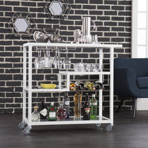Homeroots Gray And White Metal And Glass Rolling Bar Cart With Wine Storage   402545