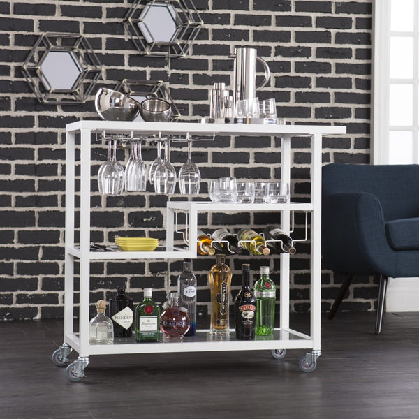 Homeroots Gray And White Metal And Glass Rolling Bar Cart With Wine Storage   402545