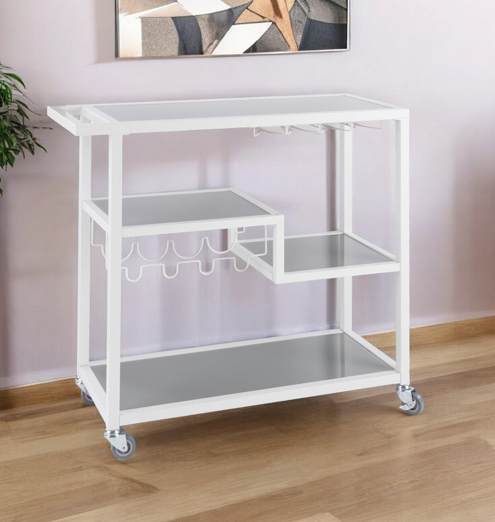 Homeroots Gray And White Metal And Glass Rolling Bar Cart With Wine Storage   402545