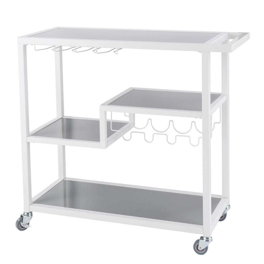 Homeroots Gray And White Metal And Glass Rolling Bar Cart With Wine Storage   402545