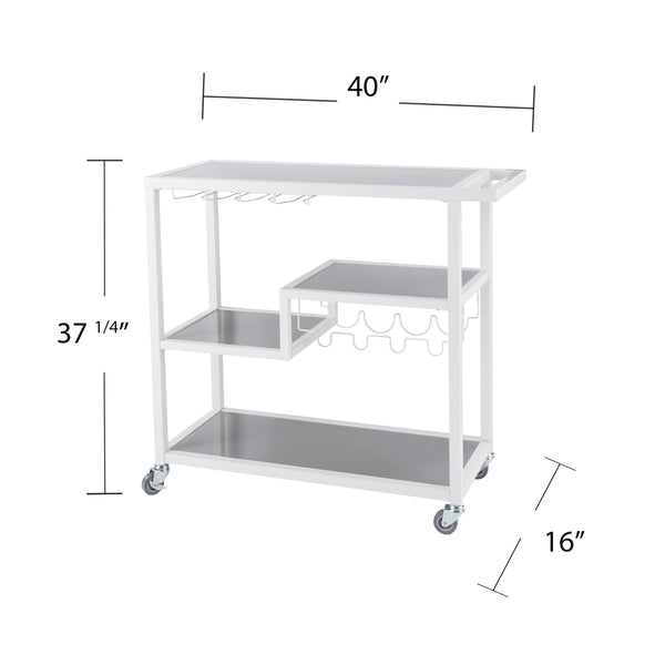 Homeroots Gray And White Metal And Glass Rolling Bar Cart With Wine Storage   402545