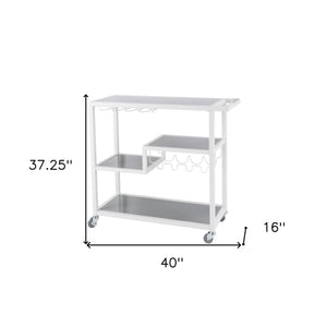 Homeroots Gray And White Metal And Glass Rolling Bar Cart With Wine Storage   402545
