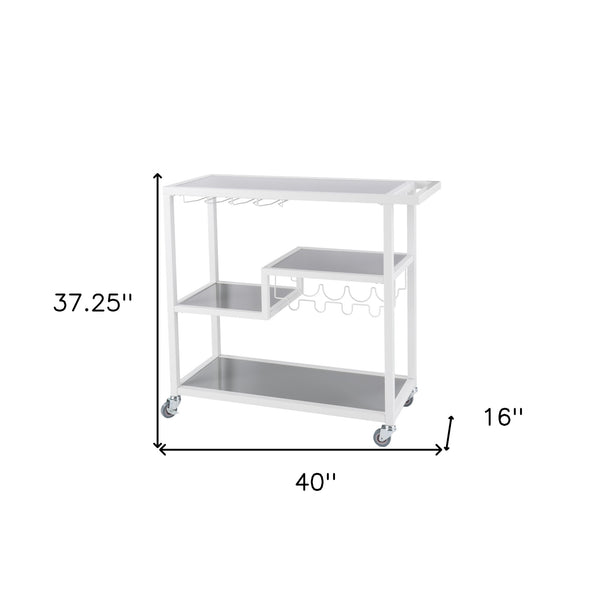 Homeroots Gray And White Metal And Glass Rolling Bar Cart With Wine Storage   402545