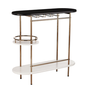 Homeroots Gold Black And White Metal Oval Bar Cart With Wine Storage   402550