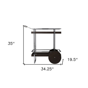 HomeRoots 34" Modern Two-Tier Rolling Bar Cart with Brown Wood Top & Silver Iron Frame for Stylish Mobility 402554