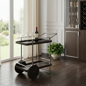 HomeRoots 34" Modern Two-Tier Rolling Bar Cart with Brown Wood Top & Silver Iron Frame for Stylish Mobility 402554