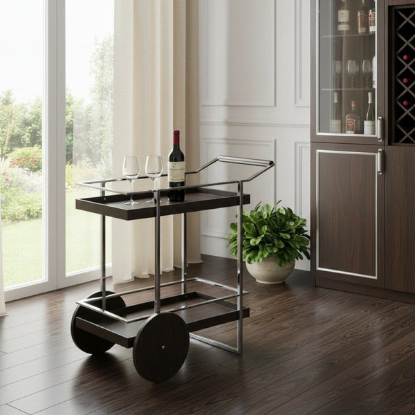 HomeRoots 34" Modern Two-Tier Rolling Bar Cart with Brown Wood Top & Silver Iron Frame for Stylish Mobility 402554