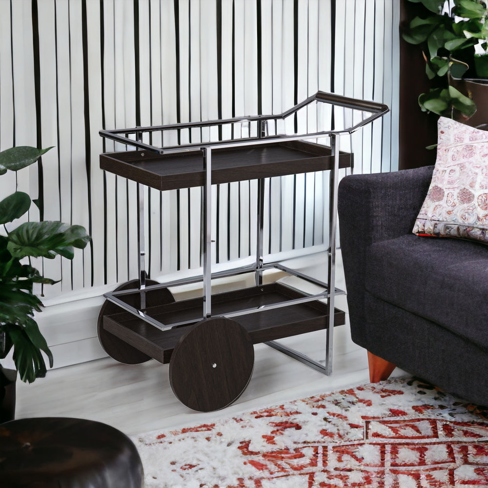 Homeroots Brown And Silver Iron Rolling Bar Cart   402554