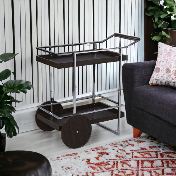 Homeroots Brown And Silver Iron Rolling Bar Cart   402554