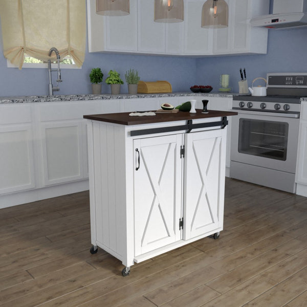 HomeRoots 35" Dark Brown and White Rolling Kitchen Cart - Stylish Farmhouse Design with Ample Storage Space 402556