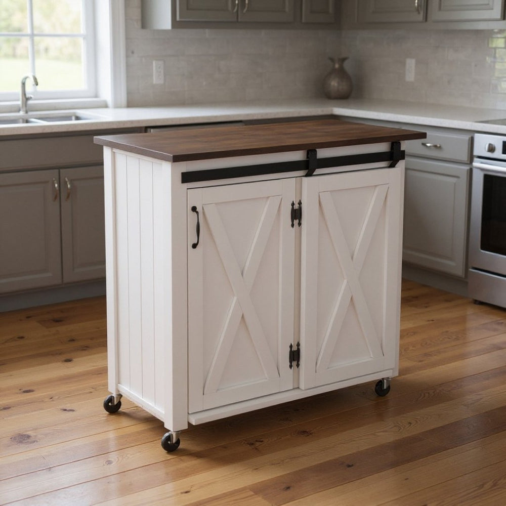 HomeRoots 35" Dark Brown and White Rolling Kitchen Cart - Stylish Farmhouse Design with Ample Storage Space 402556
