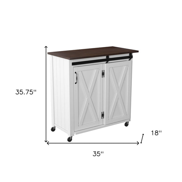 HomeRoots 35" Dark Brown and White Rolling Kitchen Cart - Stylish Farmhouse Design with Ample Storage Space 402556