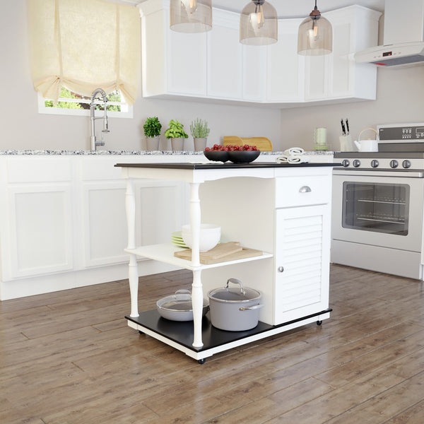 Homeroots Black And White And Black 39" Rolling Kitchen Island With Storage  Manufactured Wood 402558