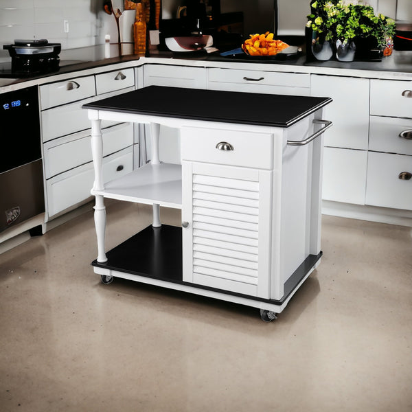 Homeroots Black And White And Black 39" Rolling Kitchen Island With Storage  Manufactured Wood 402558
