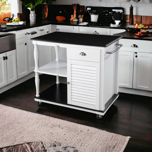 Homeroots Black And White And Black 39" Rolling Kitchen Island With Storage  Manufactured Wood 402558