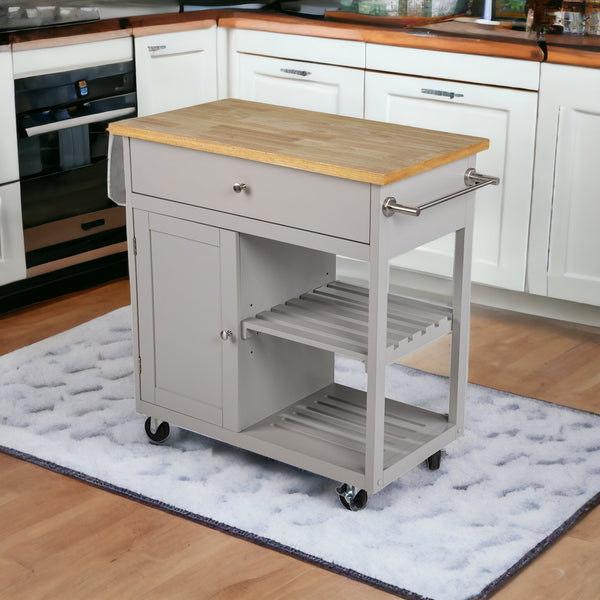 Homeroots Gray And Natural 35" Rolling Kitchen Island With Storage  Manufactured Wood 402561
