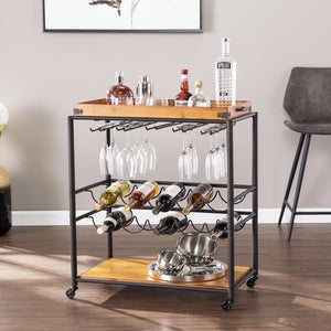 Homeroots Brown And Black Metal And Solid Wood Rolling Bar Cart With Wine Storage   402564