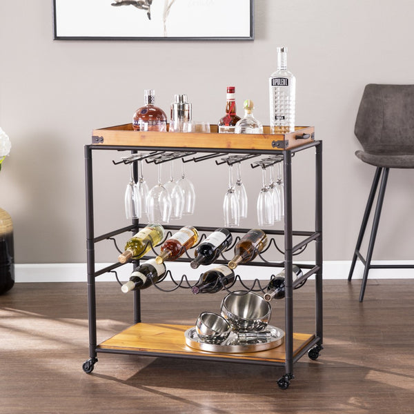 Homeroots Brown And Black Metal And Solid Wood Rolling Bar Cart With Wine Storage   402564