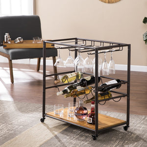 Homeroots Brown And Black Metal And Solid Wood Rolling Bar Cart With Wine Storage   402564