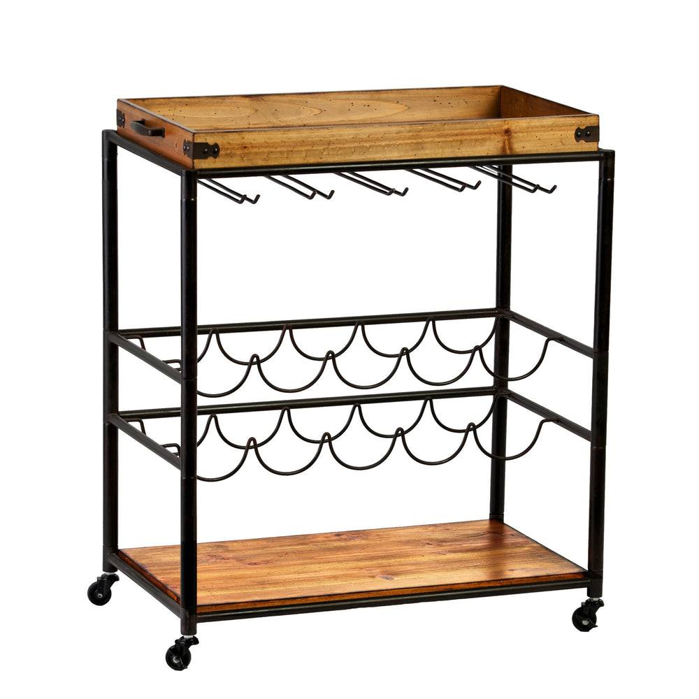 Homeroots Brown And Black Metal And Solid Wood Rolling Bar Cart With Wine Storage   402564