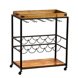 Homeroots Brown And Black Metal And Solid Wood Rolling Bar Cart With Wine Storage   402564