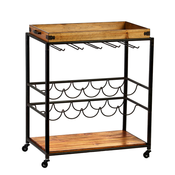 Homeroots Brown And Black Metal And Solid Wood Rolling Bar Cart With Wine Storage   402564