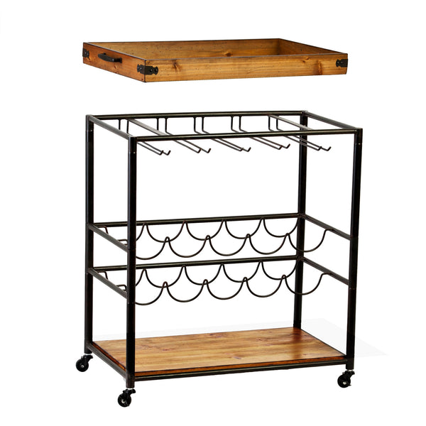 Homeroots Brown And Black Metal And Solid Wood Rolling Bar Cart With Wine Storage   402564
