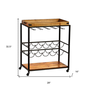 Homeroots Brown And Black Metal And Solid Wood Rolling Bar Cart With Wine Storage   402564