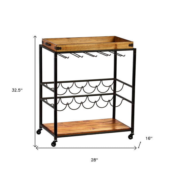Homeroots Brown And Black Metal And Solid Wood Rolling Bar Cart With Wine Storage   402564