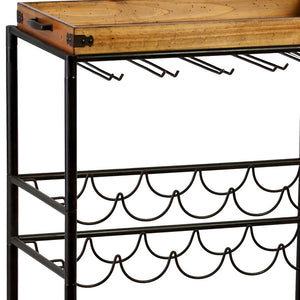 Homeroots Brown And Black Metal And Solid Wood Rolling Bar Cart With Wine Storage   402564