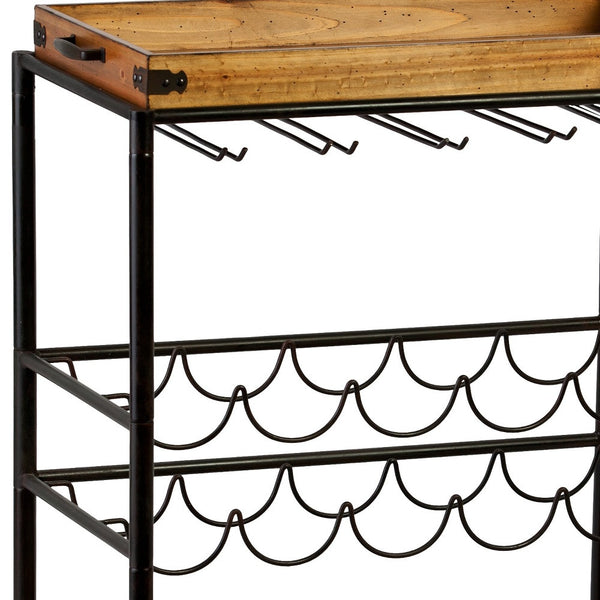 Homeroots Brown And Black Metal And Solid Wood Rolling Bar Cart With Wine Storage   402564