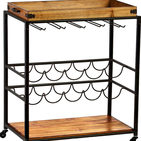Homeroots Brown And Black Metal And Solid Wood Rolling Bar Cart With Wine Storage   402564