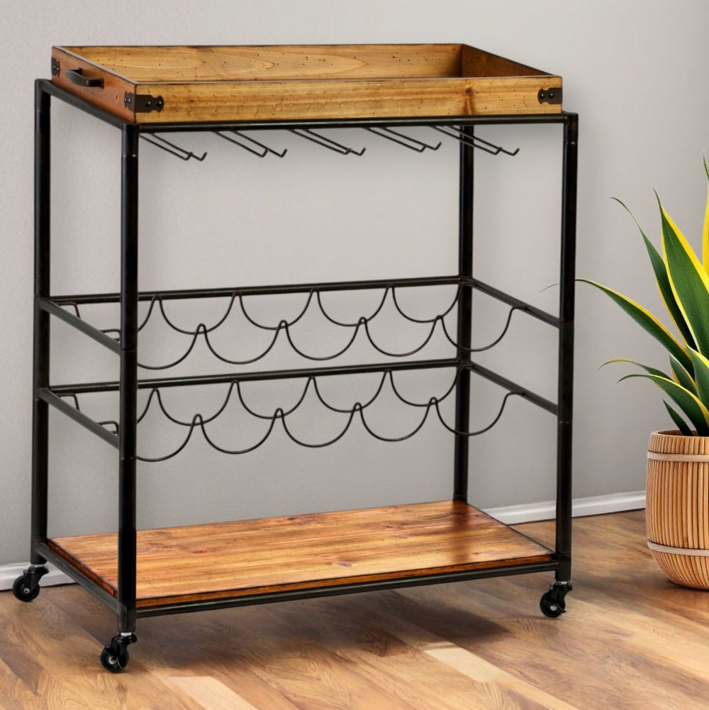 HomeRoots Brown Rolling Bar Cart with Solid Wood Top, Wine Storage & Smooth Mobility for Stylish Entertaining 402564