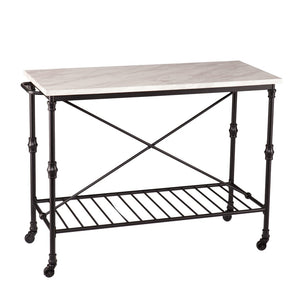HomeRoots Black Rolling Kitchen Island with Faux Marble Top, Storage Shelves & Locking Casters for Easy Mobility 402565