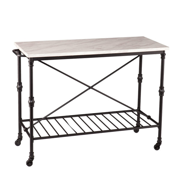 HomeRoots Black Rolling Kitchen Island with Faux Marble Top, Storage Shelves & Locking Casters for Easy Mobility 402565