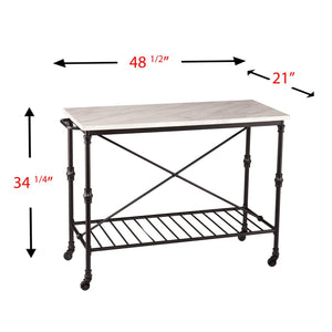 HomeRoots Black Rolling Kitchen Island with Faux Marble Top, Storage Shelves & Locking Casters for Easy Mobility 402565