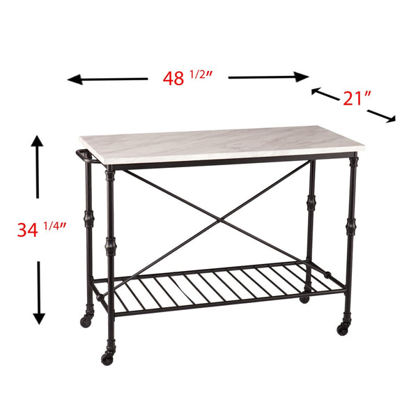 HomeRoots Black Rolling Kitchen Island with Faux Marble Top, Storage Shelves & Locking Casters for Easy Mobility 402565