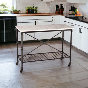 HomeRoots Black Rolling Kitchen Island with Faux Marble Top, Storage Shelves & Locking Casters for Easy Mobility 402565