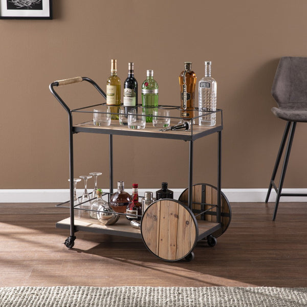 Homeroots Natural And Black Iron And Reclaimed Wood Rolling Bar Cart With Wine Storage   402575